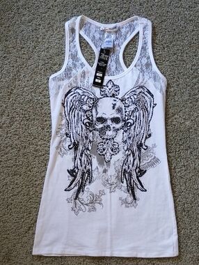 NWT Los Angeles Bus Stop White Rhinestone Skull Wing Lace Back Tank Top